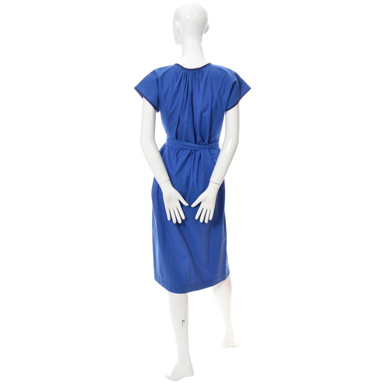 Women's YSL 1970s Vintage Yves Saint Laurent Peasant Dress in Blue Cotton W/ Pockets