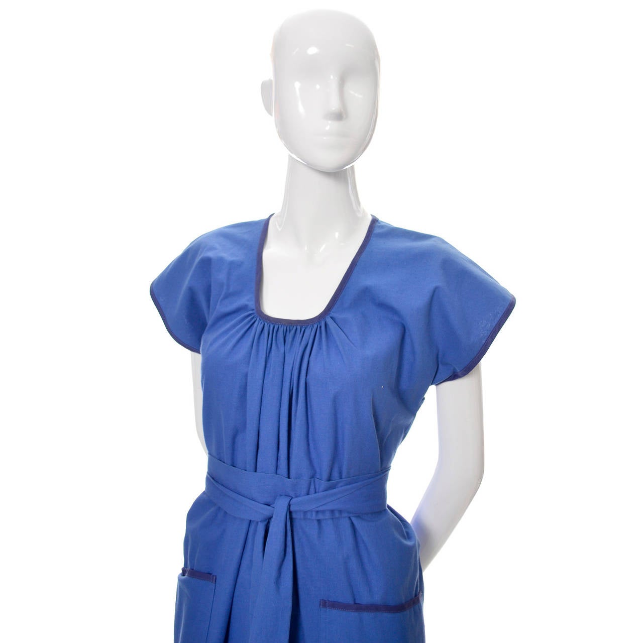 YSL 1970s Vintage Yves Saint Laurent Peasant Dress in Blue Cotton W/ Pockets In Excellent Condition In Portland, OR