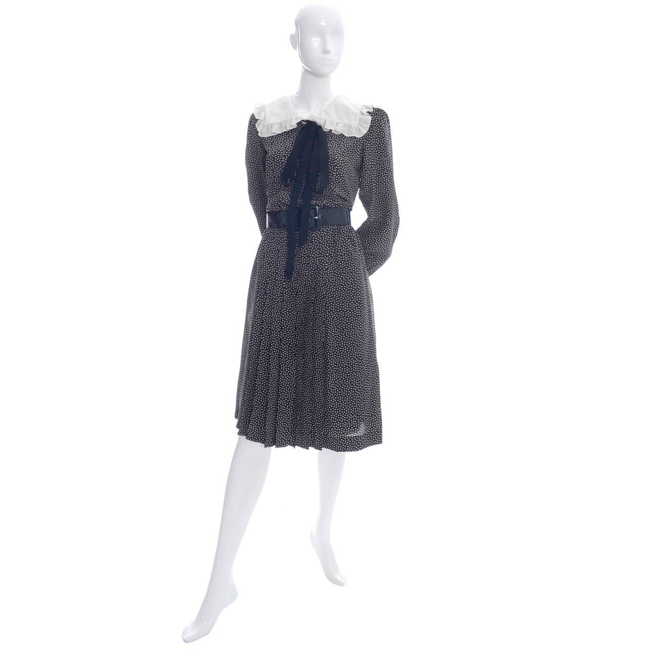 Women's 1970s Yves Saint Laurent Rive Gauche YSL Vintage Dress Silk Polka Dots Bow