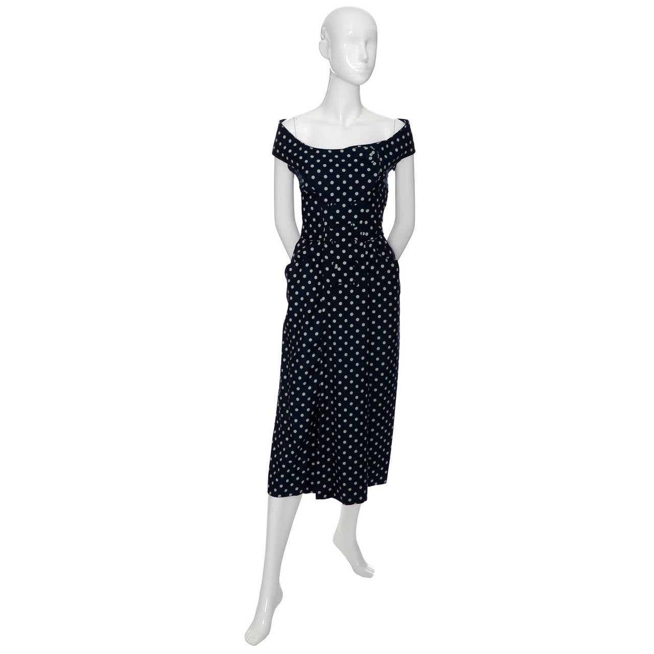 1950s Ceil Chapman Silk Vintage Dress Navy Blue Polka Dots In Excellent Condition In Portland, OR