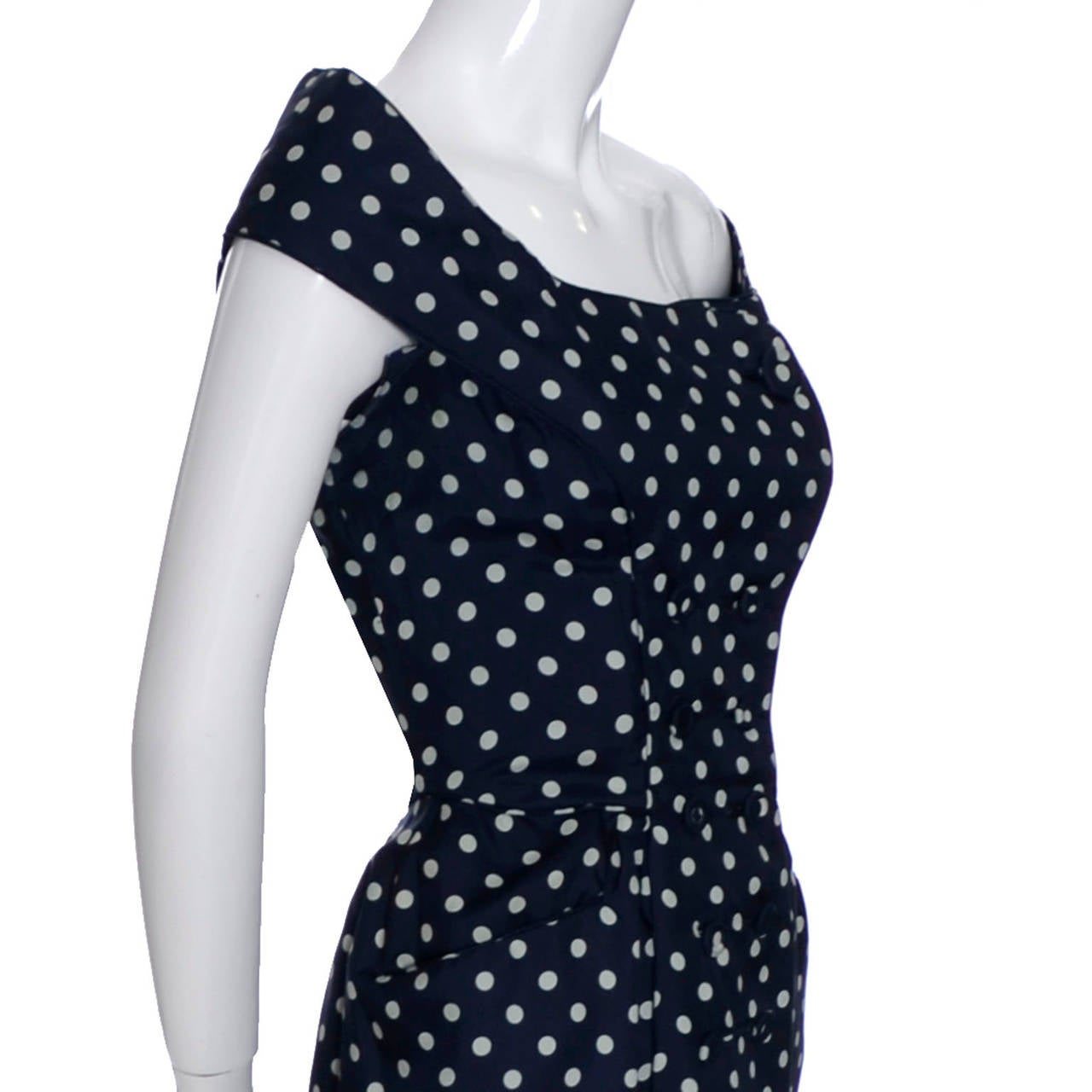 1950s Ceil Chapman Silk Vintage Dress Navy Blue Polka Dots 1