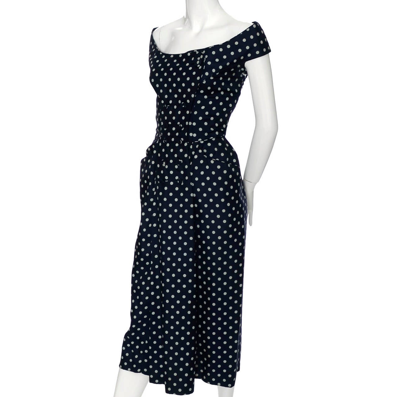 Women's 1950s Ceil Chapman Silk Vintage Dress Navy Blue Polka Dots