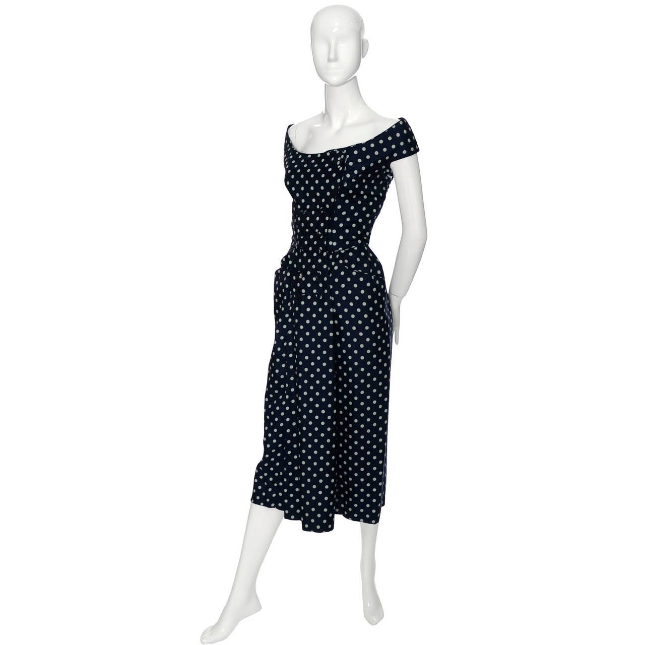 1950s Ceil Chapman Silk Vintage Dress Navy Blue Polka Dots 2