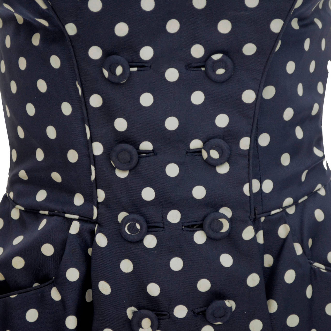 1950s Ceil Chapman Silk Vintage Dress Navy Blue Polka Dots 4