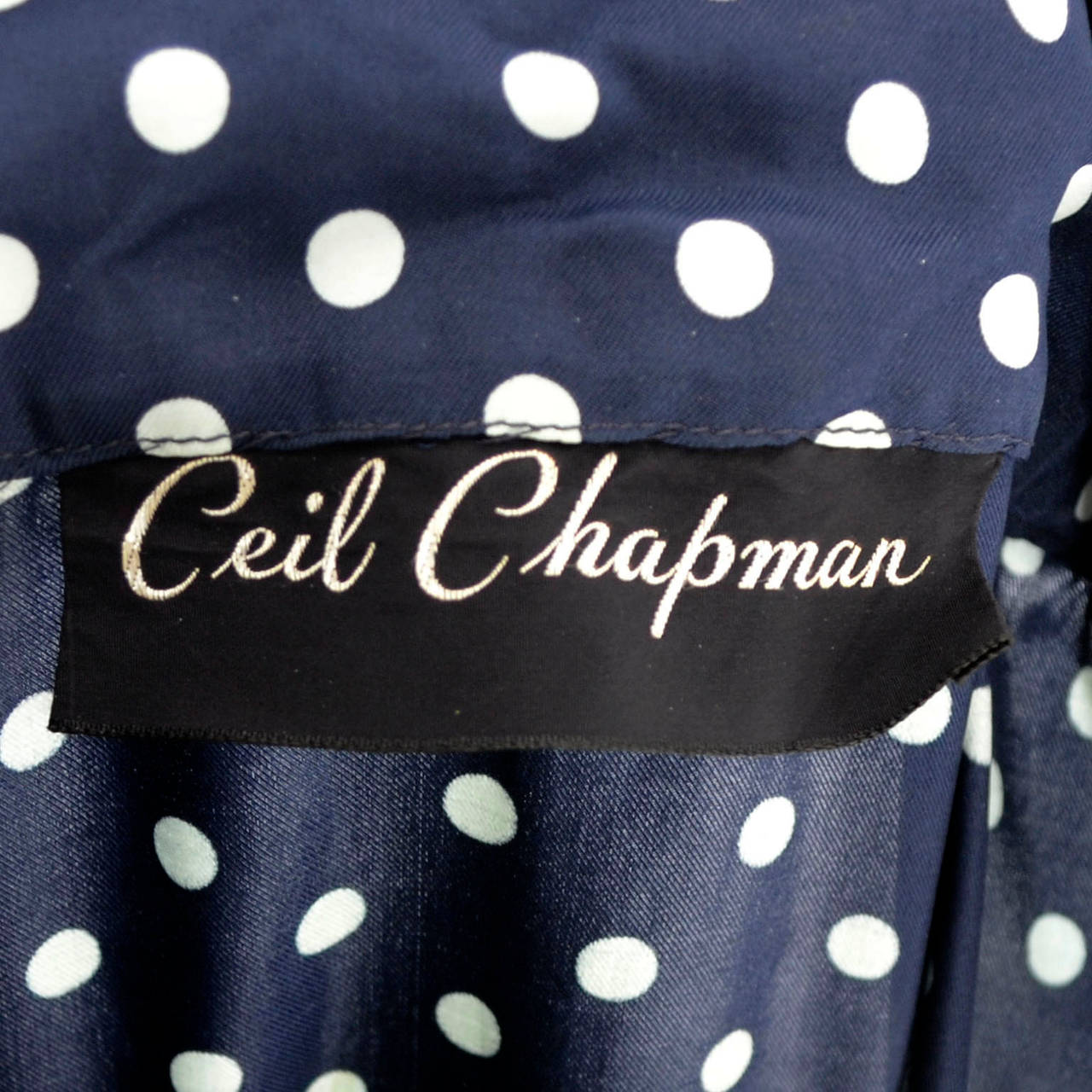 1950s Ceil Chapman Silk Vintage Dress Navy Blue Polka Dots 5