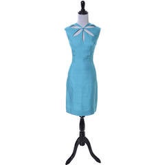 Blue Silk Vintage Estevez Designer Dress Keyhole 1960s