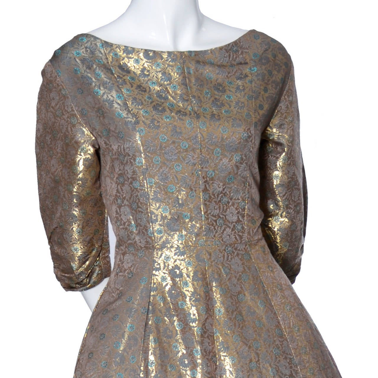 Gray Hattie Carnegie 1950s Vintage Dress Gold Metallic Lame Blue Floral Evening Gown