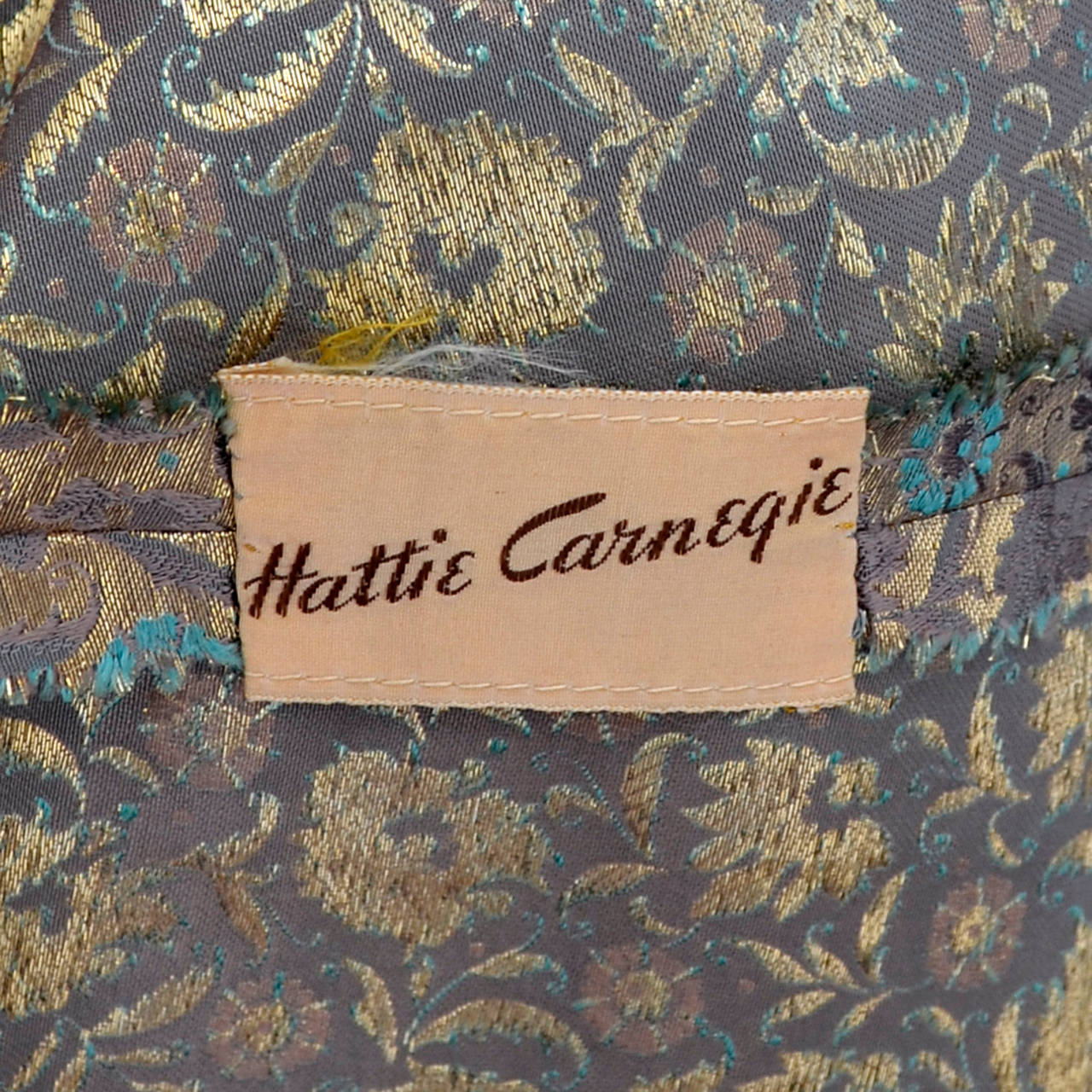 Women's Hattie Carnegie 1950s Vintage Dress Gold Metallic Lame Blue Floral Evening Gown