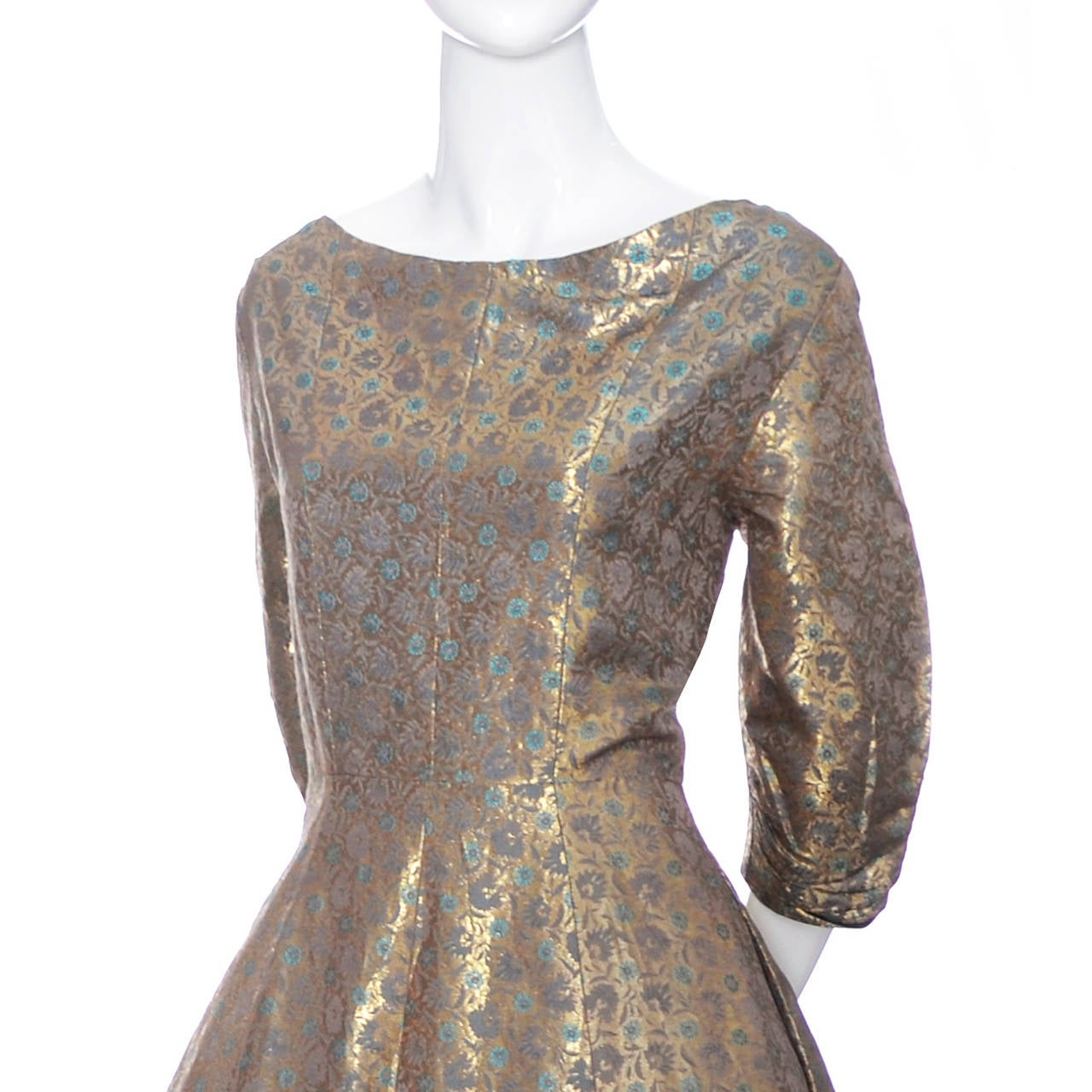 Hattie Carnegie 1950s Vintage Dress Gold Metallic Lame Blue Floral ...