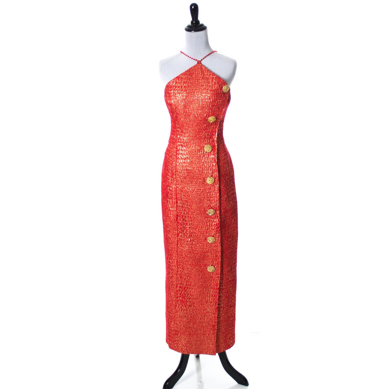 Norman Hartnell London Vintage Red Gold Dress Formal Evening Gown In Excellent Condition In Portland, OR