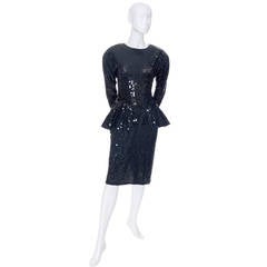 Oleg Cassini Vintage Evening Dress With Black Sequins & Peplum