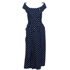 1950s Ceil Chapman Silk Vintage Dress Navy Blue Polka Dots