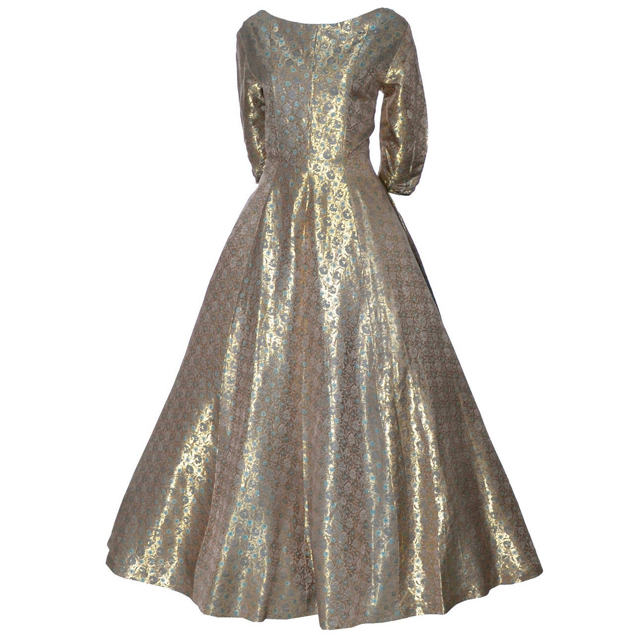 Hattie Carnegie 1950s Vintage Dress Gold Metallic Lame Blue Floral Evening Gown