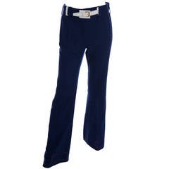 Hermès - Pantalon bleu vintage jamais porté avec ceinture blanche Bonwit Teller, années 1970