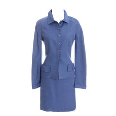 Retro Valentino Boutique Blue Linen 2 pc Skirt Suit