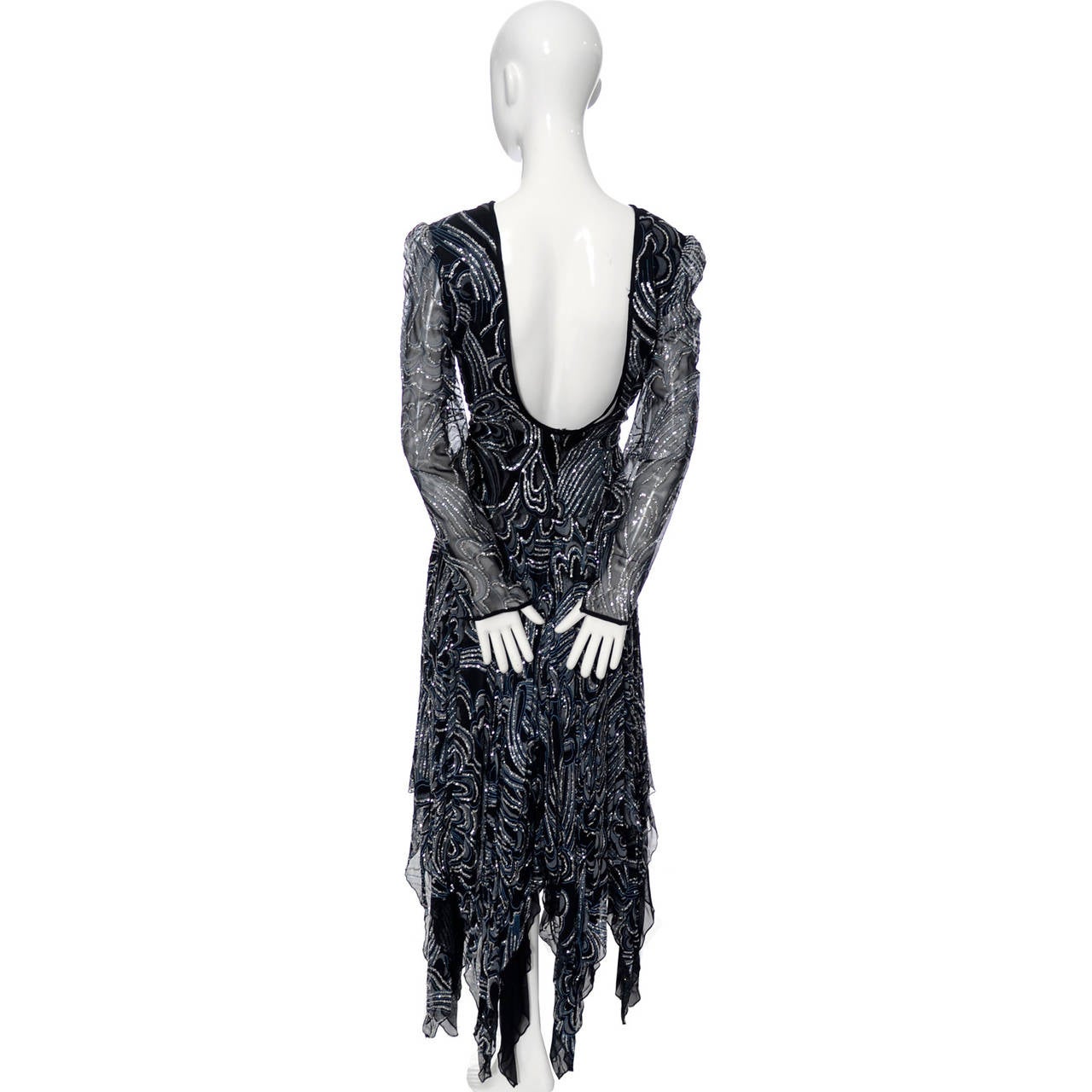Black 1980s Terence Nolder Vintage Dress w Handkerchief Hem in Metallic Sparkle Fabric For Sale