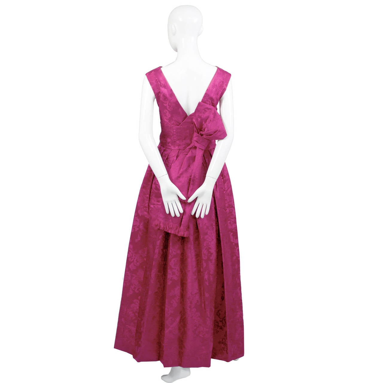 1950s Paris Vintage Dress Pink Satin Jacquard Formal Evening Gown In Excellent Condition In Portland, OR