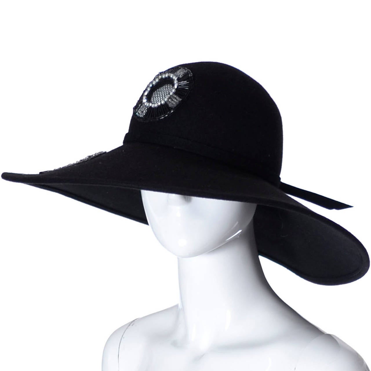 Women's Frank Olive Vintage Hat Private Collection Wool Rhinestones Mesh Wide Brim