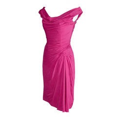 Vintage Ceil Chapman 1950s Pink Silk Chiffon Cocktail Party Dress Draping