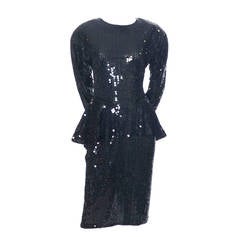 Oleg Cassini Vintage Dress Black Sequins Peplum 1980s Evening 1