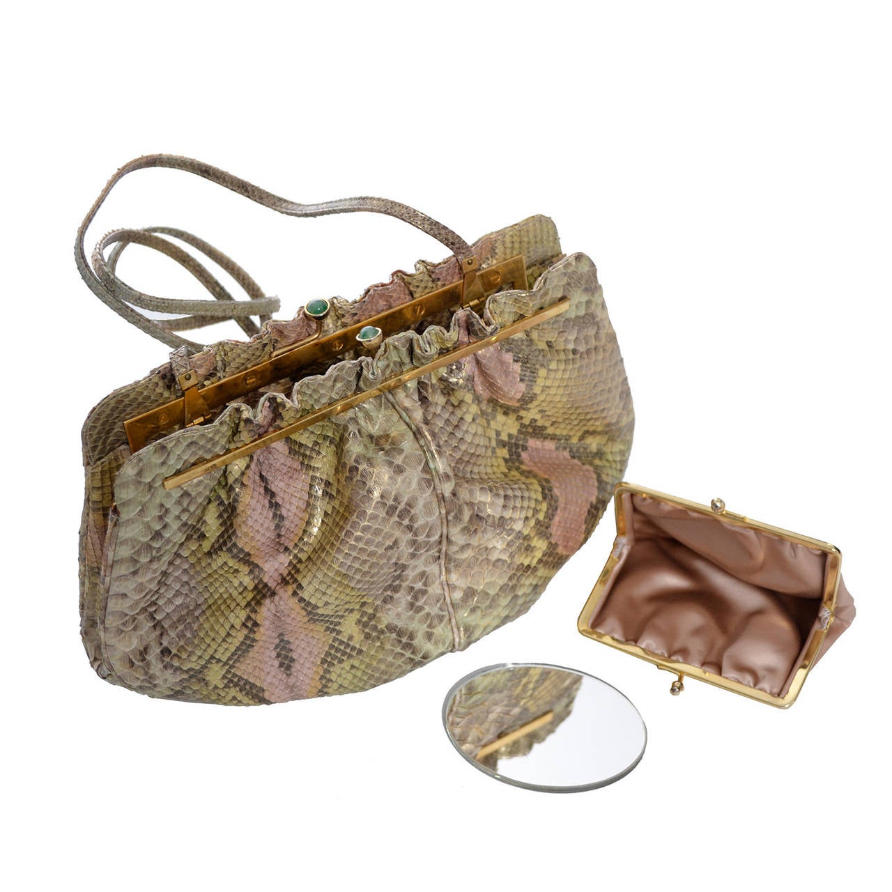 Judith Leiber Vintage Python Snakeskin Handbag Jeweled Clasp Coin Purse Mirror