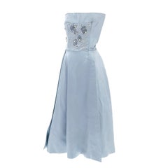 1950s Harvey Berin Karen Stark Vintage Dress in Blue Satin Beaded W Rhinestones