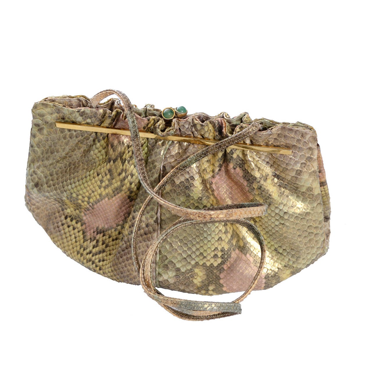 Judith Leiber Vintage Python Snakeskin Handbag Jeweled Clasp Coin Judith Leiber Vintage Python Snakeskin Handbag Jeweled Clasp Coin Purse Mirror In Excellent Condition For