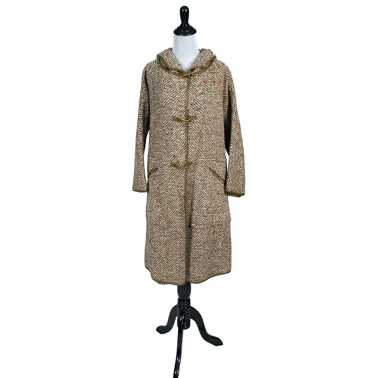 Marron Bonnie Cashin Costume vintage des années 1960 - Manteau à capuche en tweed et jupe mince « Sills and Co »