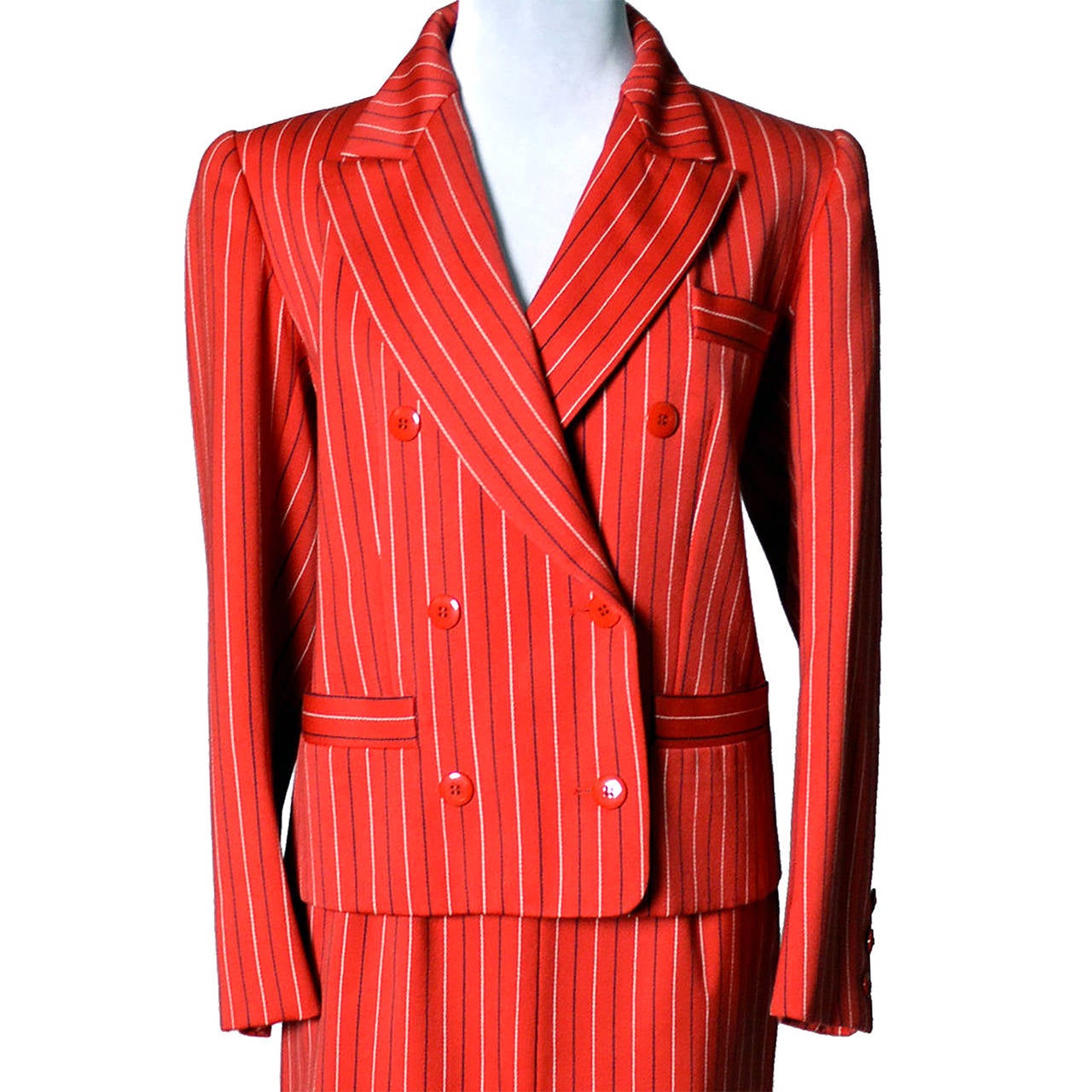Yves Saint Laurent YSL Vintage Red Pinstripe Skirt & Blazer Jacket Suit  7