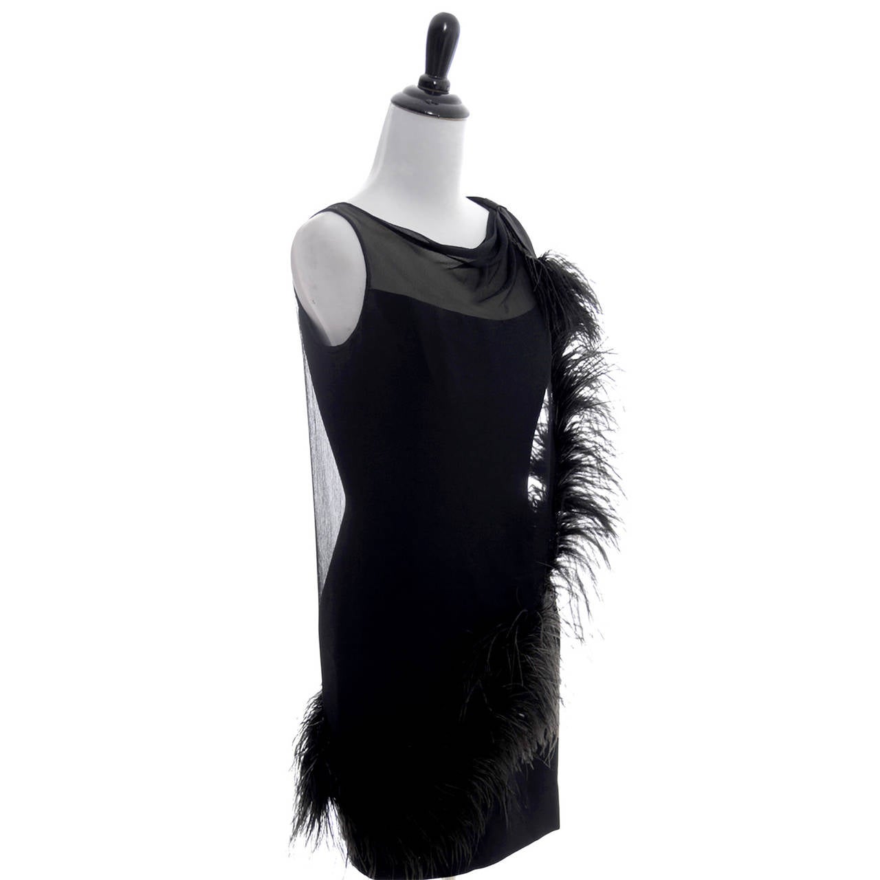 black cocktail dress with feathers