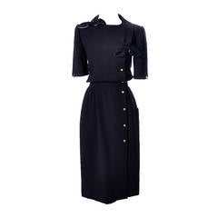 Valentino Boutique Vintage Dress Navy Blue Wool Crepe Bows Logo Buttons