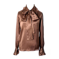 Yves Saint Laurent Vintage Blouse Brown Silk Ruffled Collar Sash Bow YSL Top