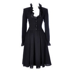 Vintage Valentino Black Wool Crepe Dress w/ Ruffled Taffeta Trim Size 6 4