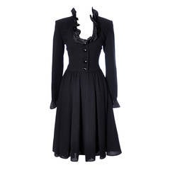 Vintage Valentino Black Wool Crepe Dress w/ Ruffled Taffeta Trim Size 6