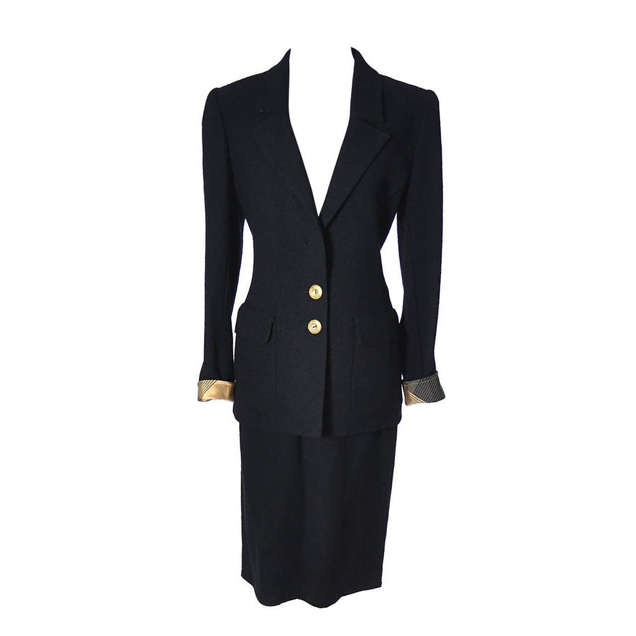 Vintage Valentino Skirt Suit With 2 Blazers Italy Black Boucle Silk Plaid