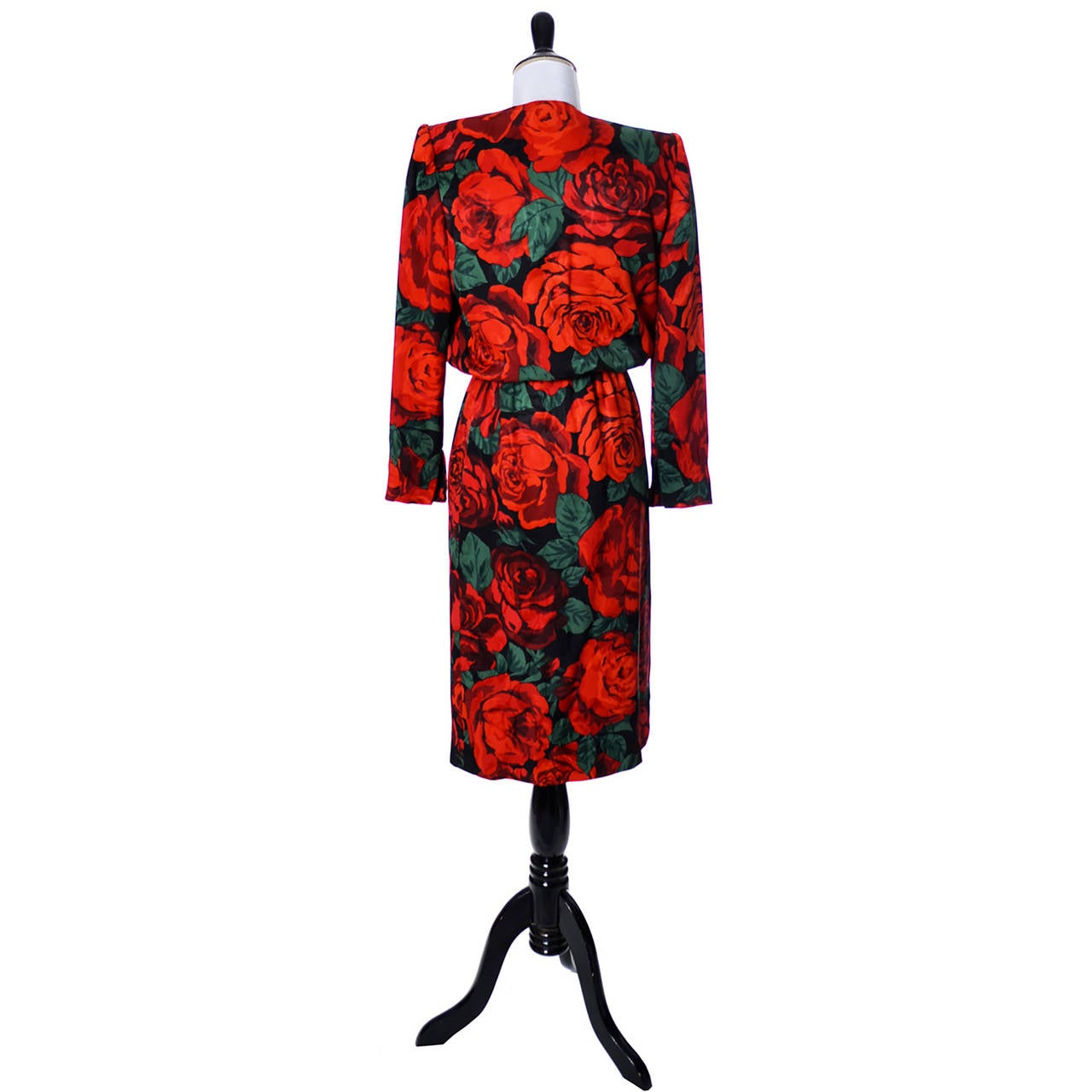 Vintage Valentino Boutique Silk Red Rose Dress Beaded Accent at 1stDibs