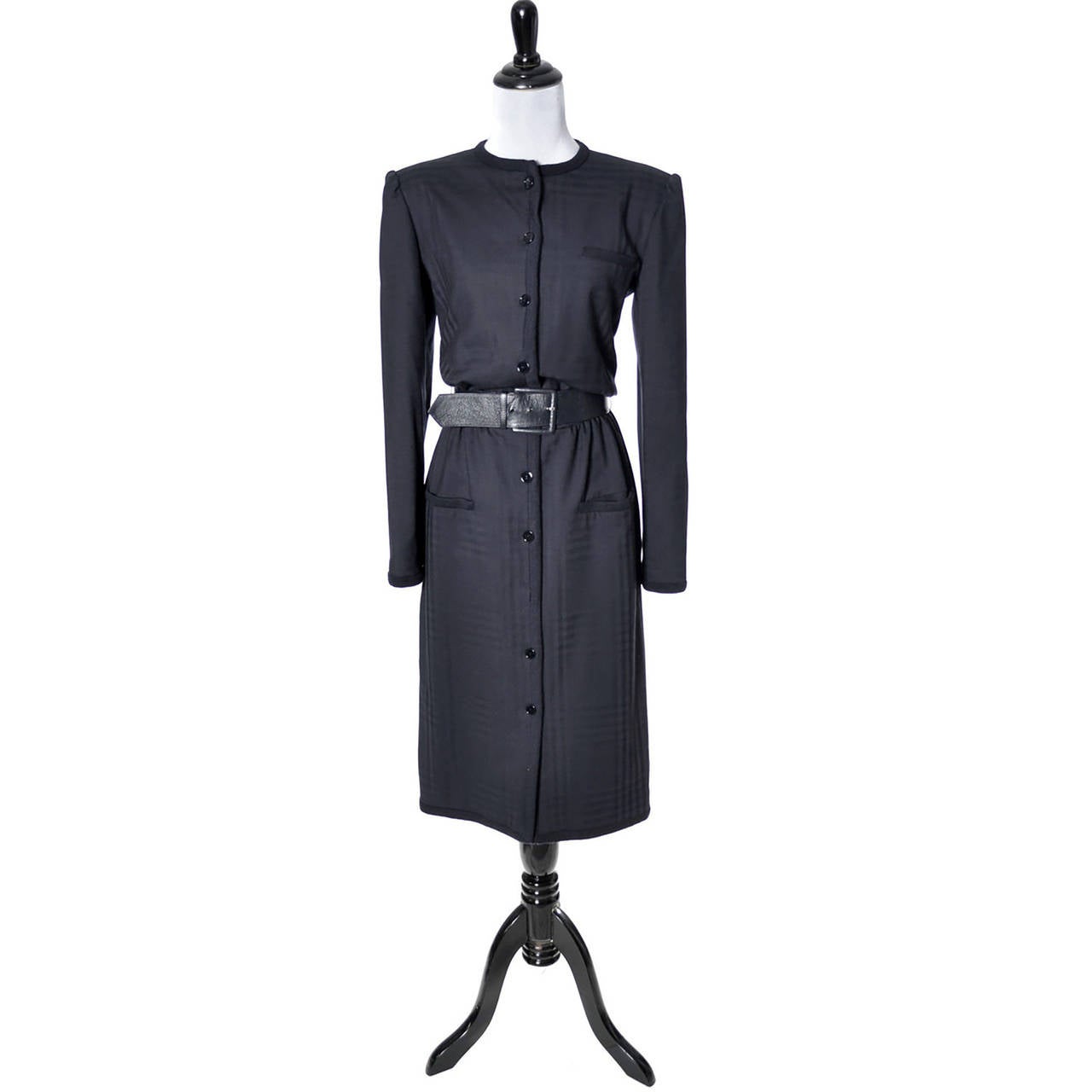 Vintage Valentino Boutique Navy Blue Plaid Wool Dress Italy