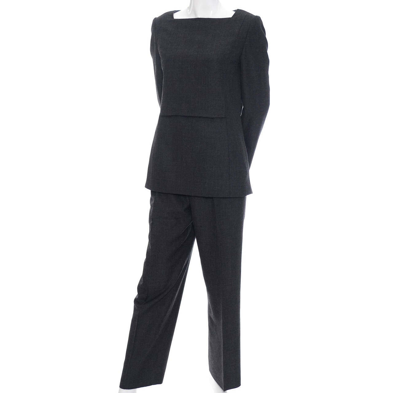 Black Vintage James Galanos Suit Tunic Top Pants Pantsuit Gray Wool Outfit Minimalist For Sale
