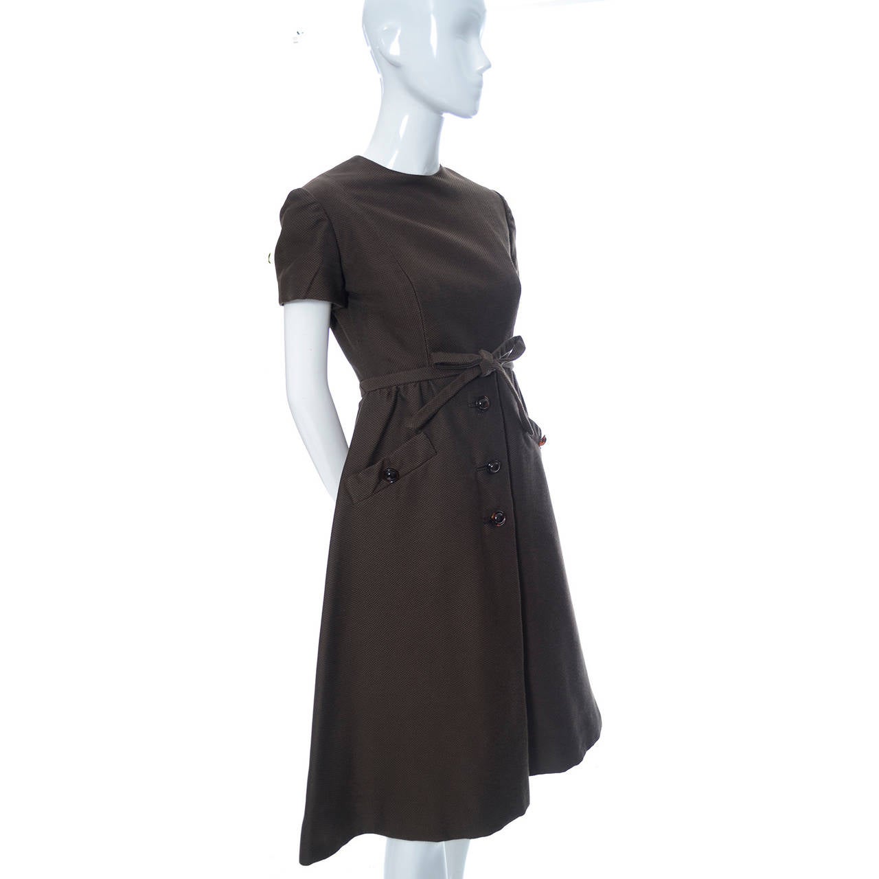 Black Chocolate Brown Geoffrey Beene 1960s Mod Vintage Dress Pockets Belt