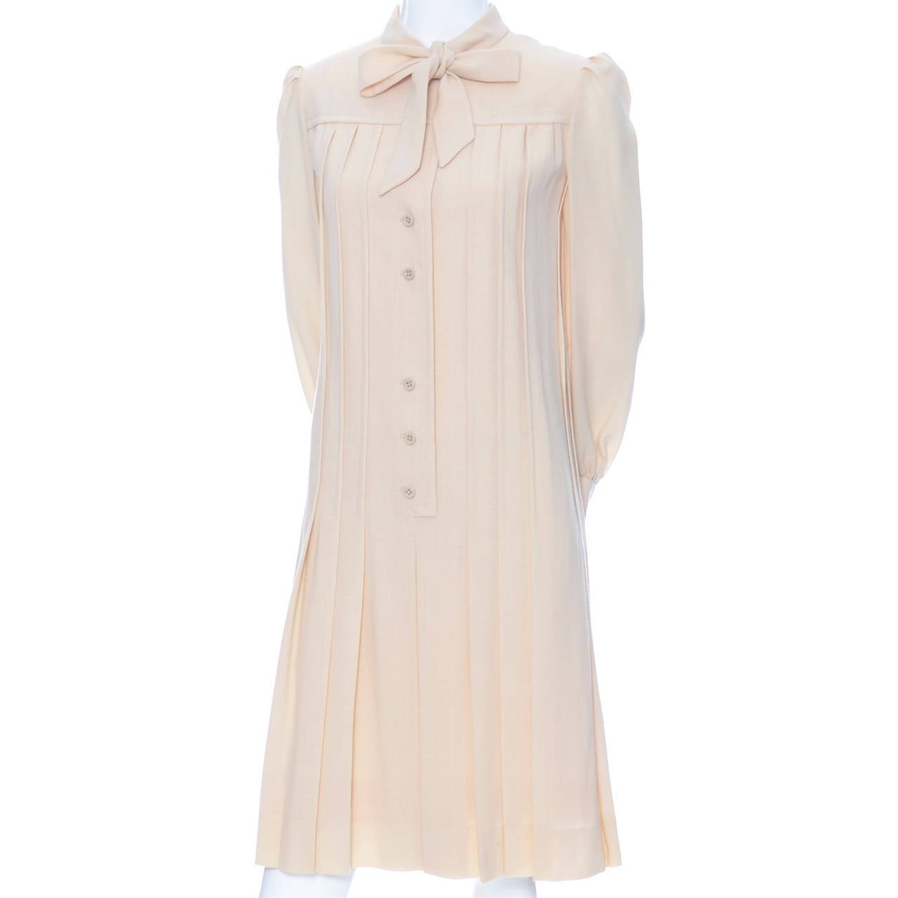 Women's 1970s Vintage Dress Marshall Field France in Cream Pleated Wool With Bow