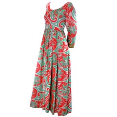 Oscar de la Renta Dress 1960s Retro Dress Red & Green Metallic Paisley Maxi