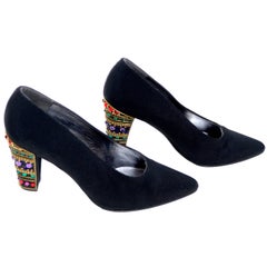 Stuart Weitzman Vintage Evening Black Shoes With Jeweled Heels Spain 7B