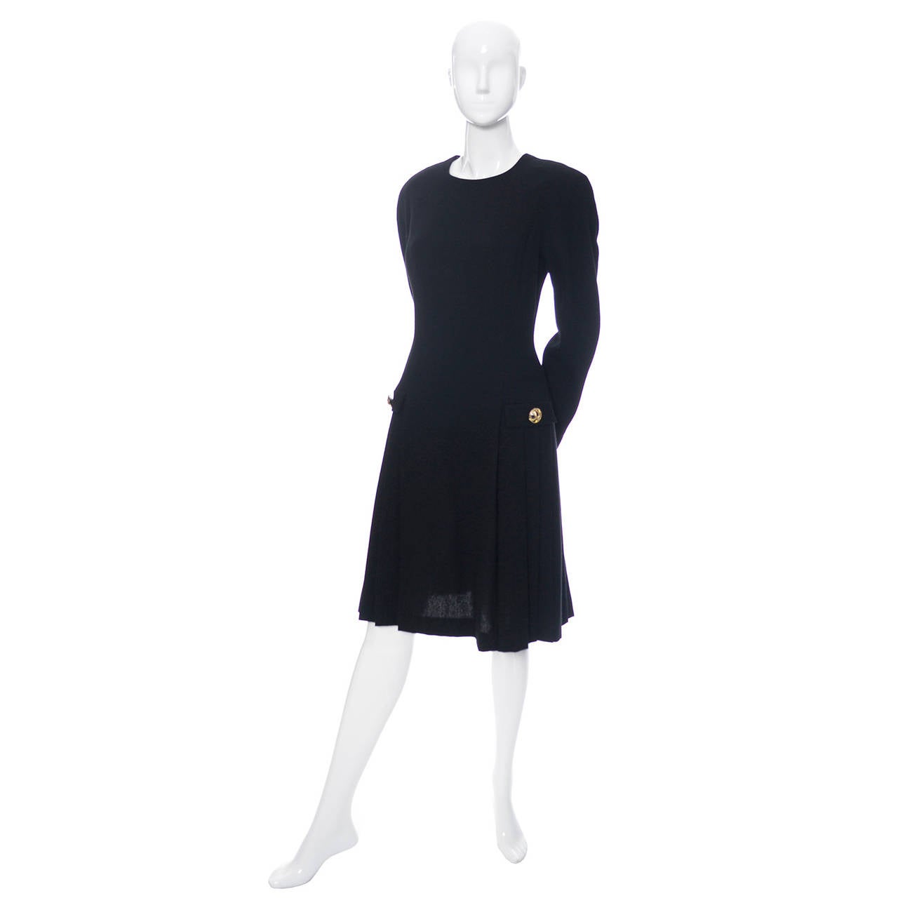 Arnold Scaasi Vintage Kleid Schwarz Wolle stricken Drop Taille Plissee-Rock gefüttert 8 1