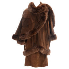 Rare Beltrami 2 Piece Vintage Suede Skirt Coat Cape Suit Fox Fur