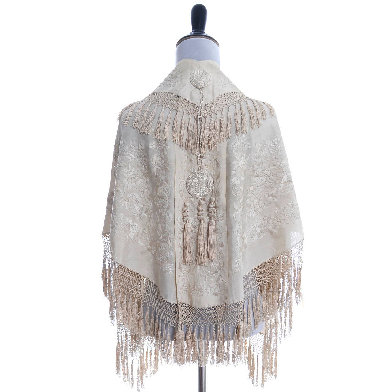 Beige Ivory Edwardian Vintage Shawl Wrap Cape Fringe Antique Silk Embroidery Tassels