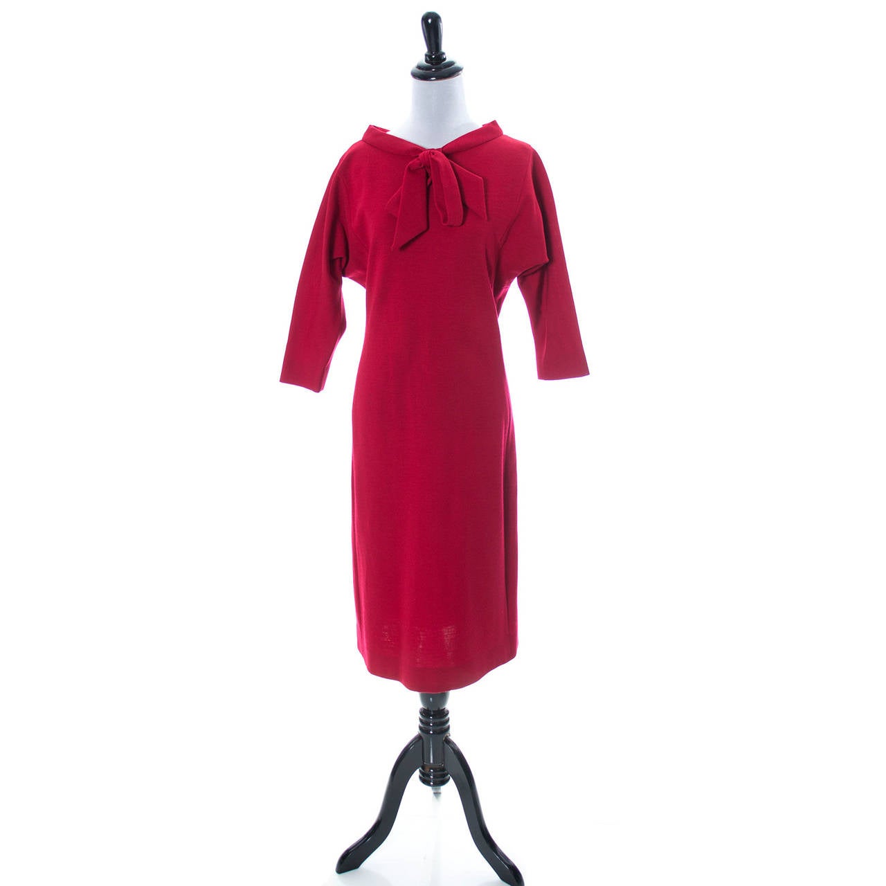 Women's Norman Norell vintage Red Wool Day Dress Bow Belt
