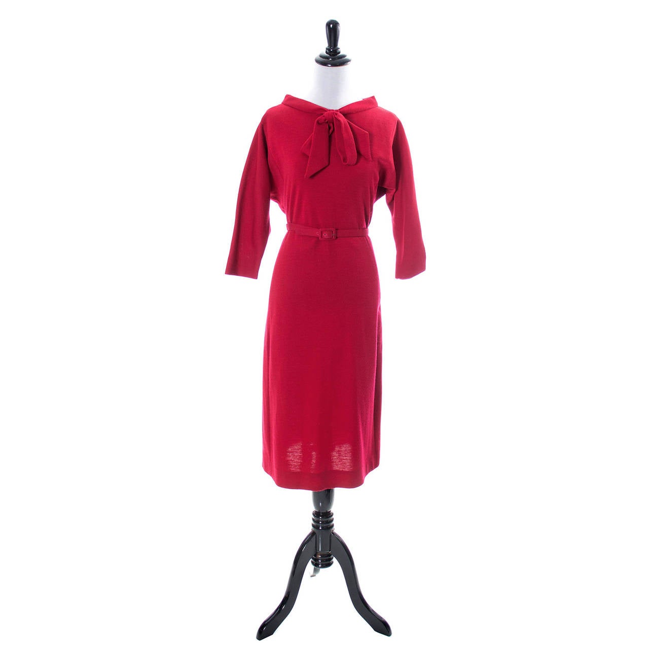 Norman Norell vintage Red Wool Day Dress Bow Belt In Excellent Condition In Portland, OR