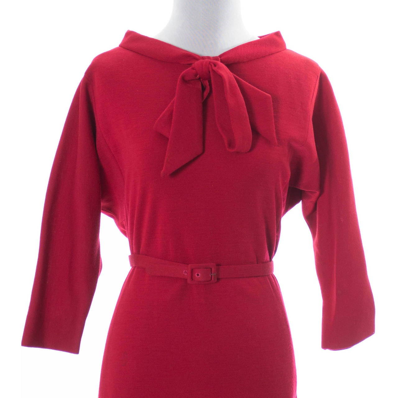 Norman Norell vintage Red Wool Day Dress Bow Belt 1