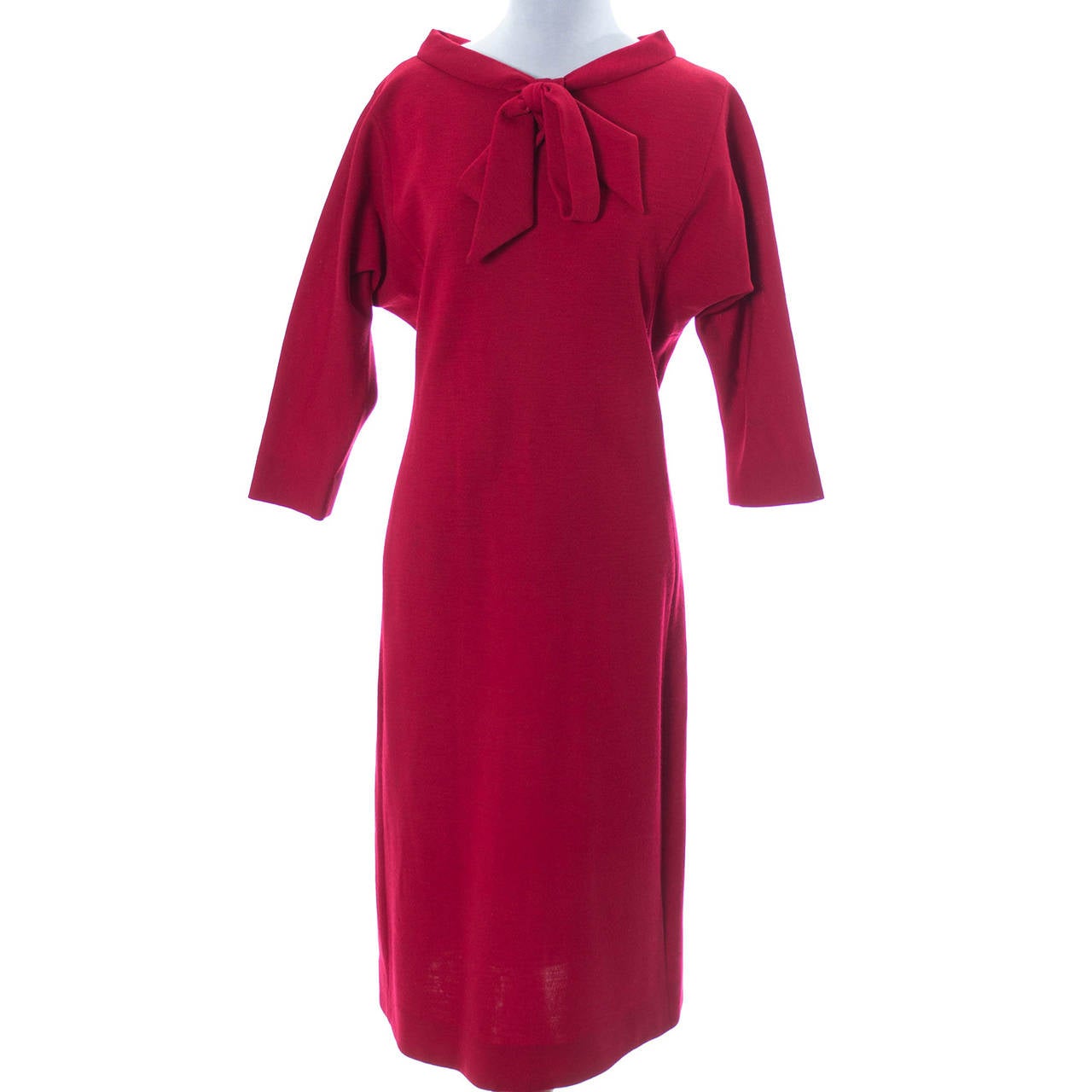 Norman Norell vintage Red Wool Day Dress Bow Belt 3