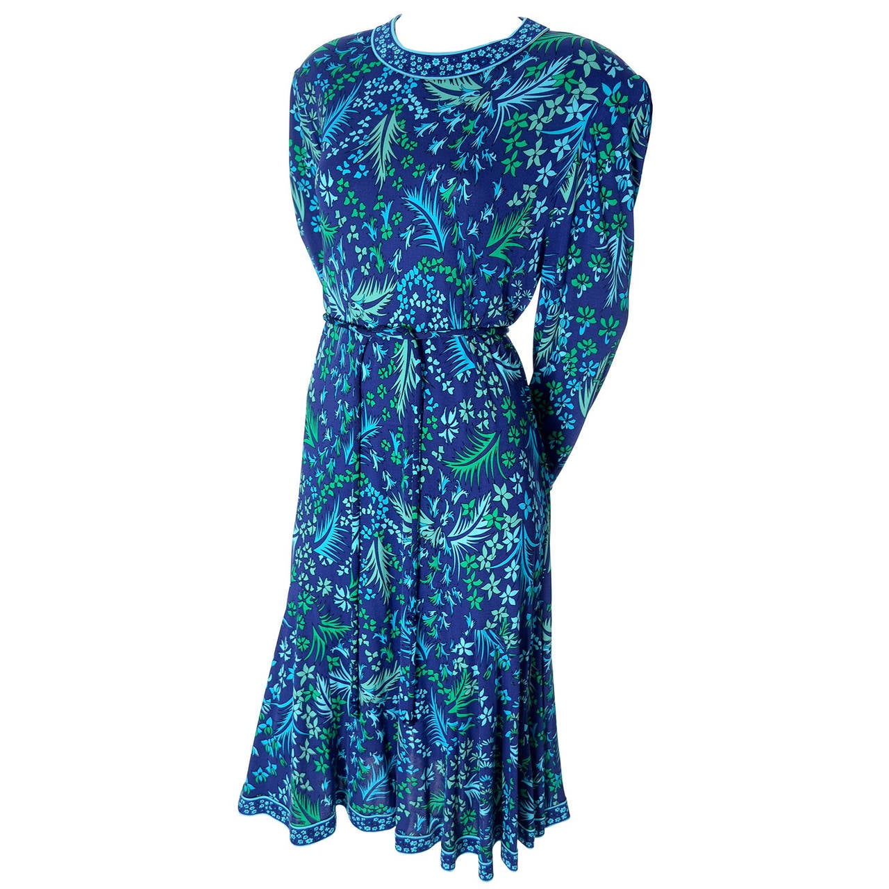 Bessi Silk Jersey Floral 1970s Vintage Dress Belt Firenze Italia Blue